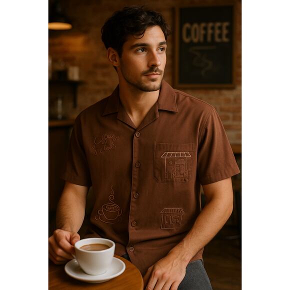 Cafe Aesthetic Embroidered Coffee Shirt Brown Vox Populi Button Up Large - Picture 1 of 10